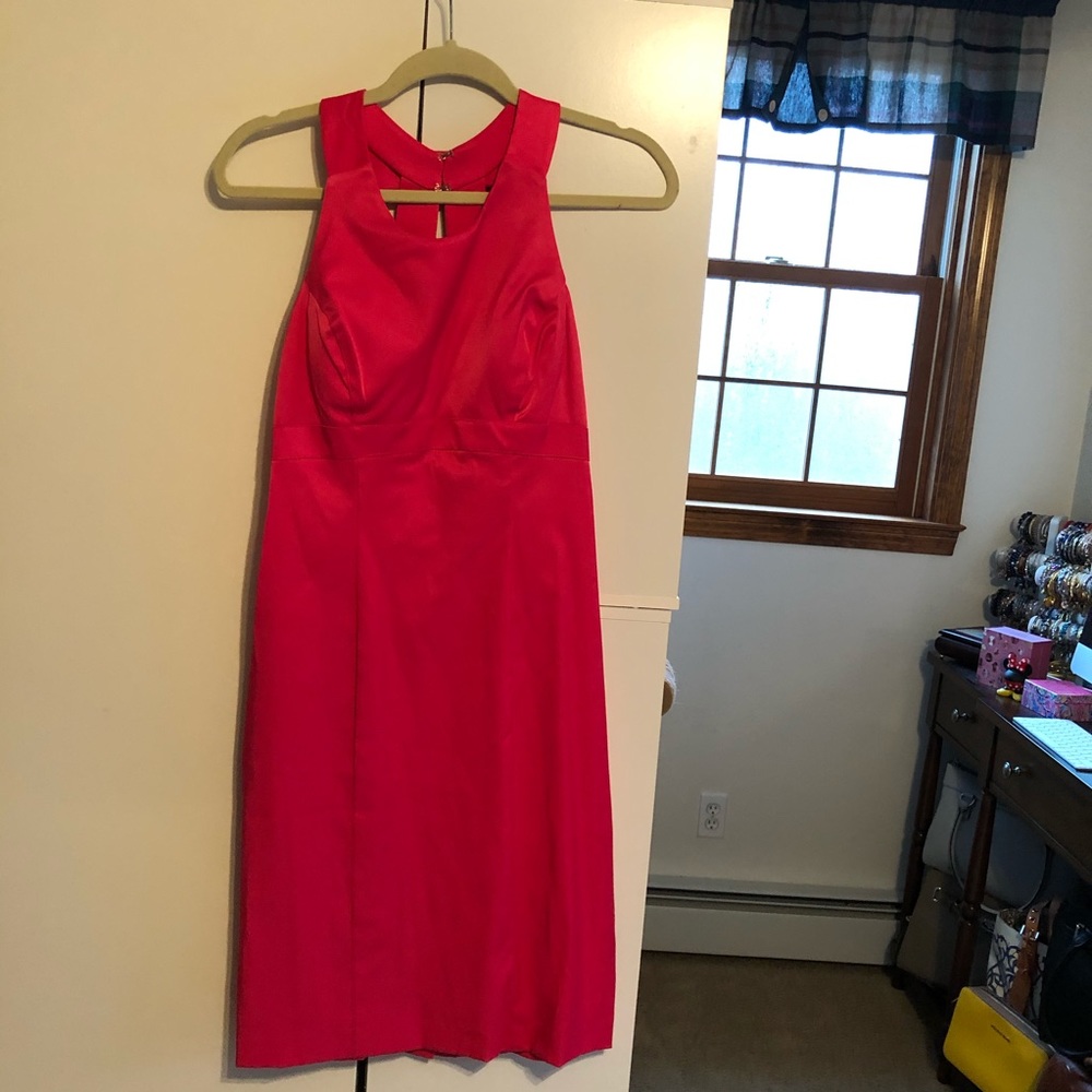 Mary L Couture hot pink sleeveless dress.